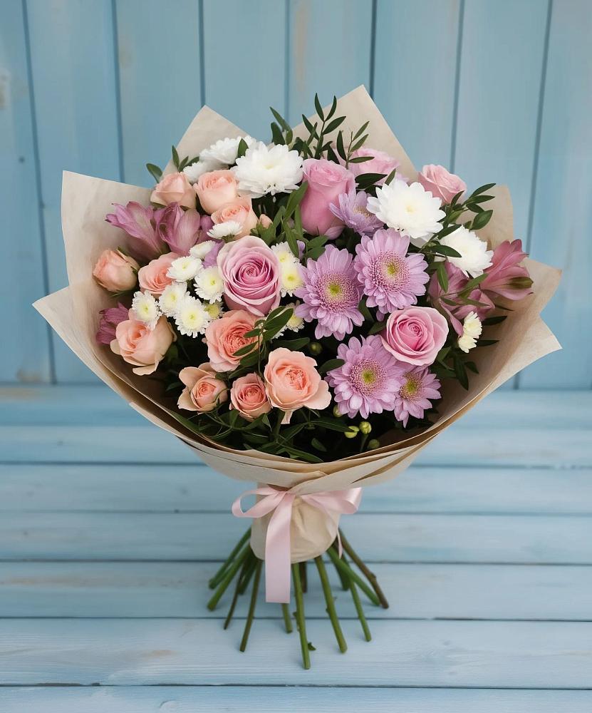 Букет цветов из: Хризантемы, Розы и Альстромерии в Казинке Ставропольский край