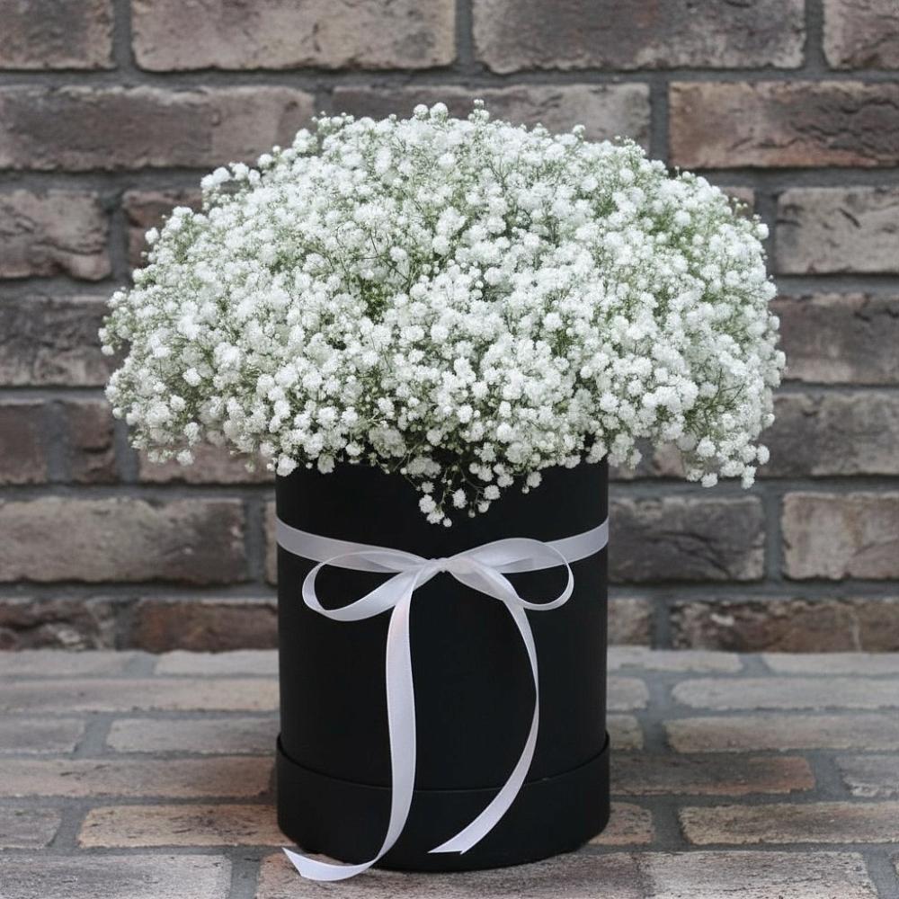 Цветочная композиция из Гипсофила в шляпной коробке в Казинке Ставропольский край