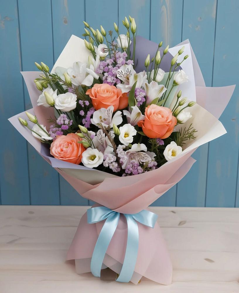 Букет цветов из: Лизиантусы, Розы, Альстромерии и Гипсофила в Казинке Ставропольский край