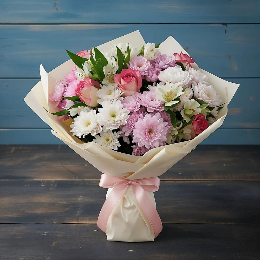 Букет цветов из: Хризантемы, Альстромерии и Розы в Казинке Ставропольский край